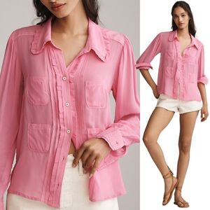 Maeve Women's Danielle Kroll Sheer Chiffon Button-Down Shirt Size XL Pink Preppy